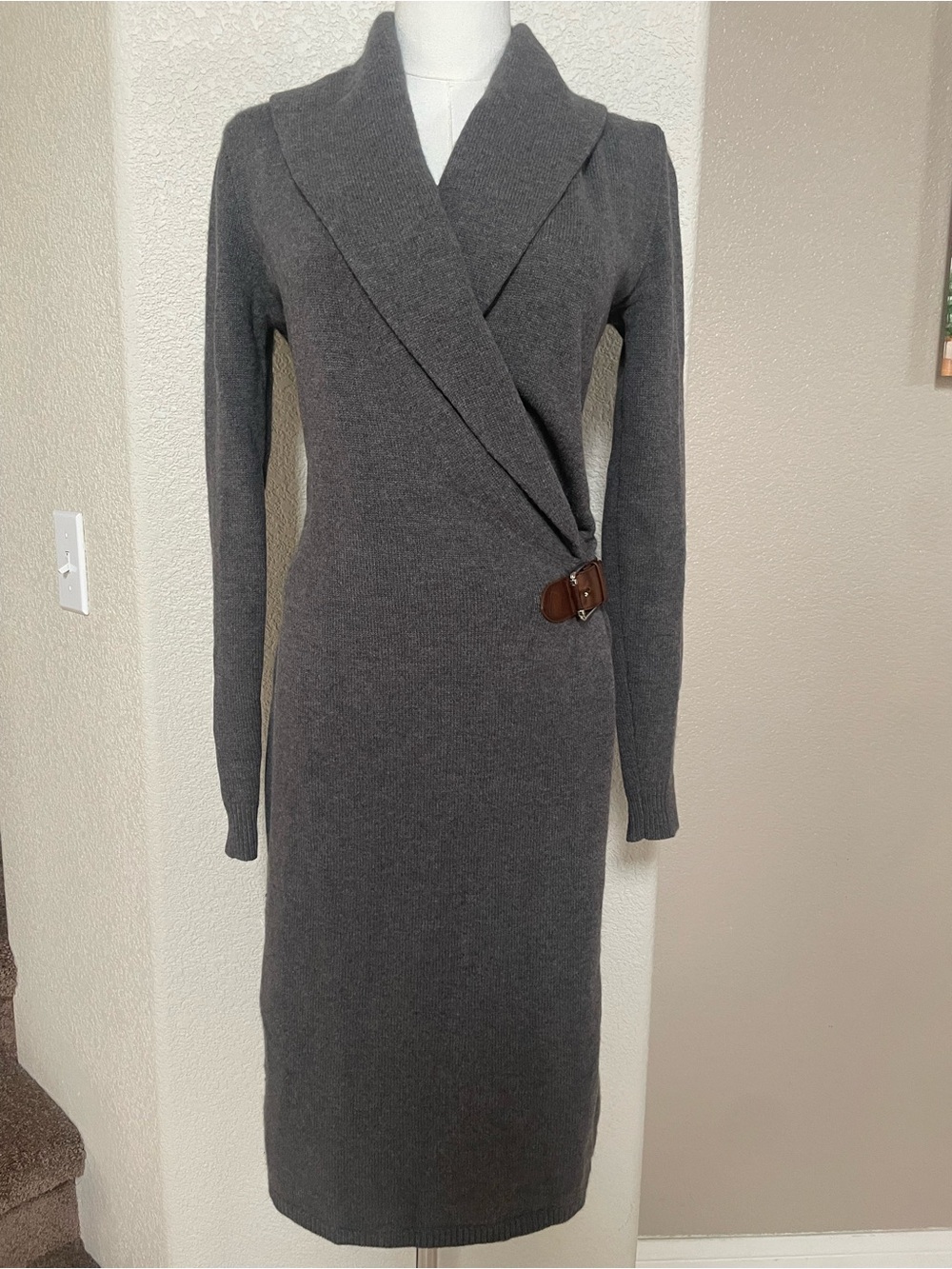 Ralph Lauren Black Label Merino Wool Cashmere Silk Belted Sweater Dress Gray M